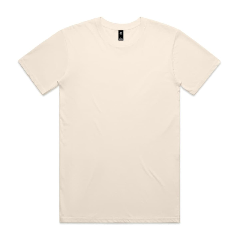 A cream-coloured T-shirt featuring a label on the neckline and a plain design without any graphics.