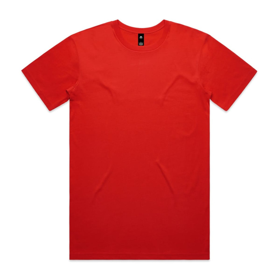 A red T-shirt with short sleeves, featuring a logo at the neck.