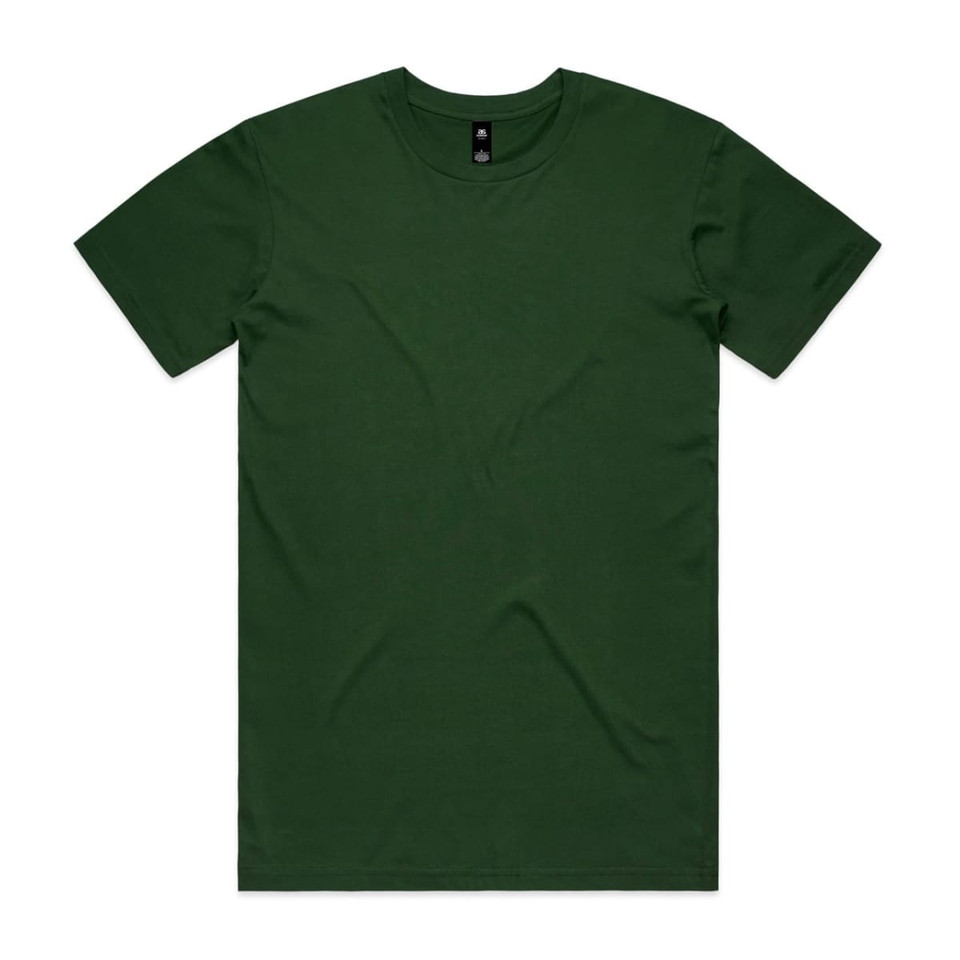 A green t-shirt with a crew neck and short sleeves, featuring a minimalistic design and a tag.