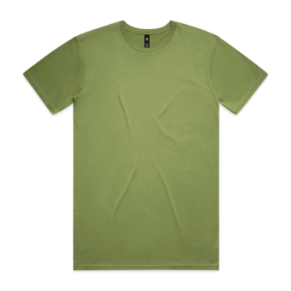 A green t-shirt with a classic crew neckline and short sleeves, featuring a logo on the inside tag.