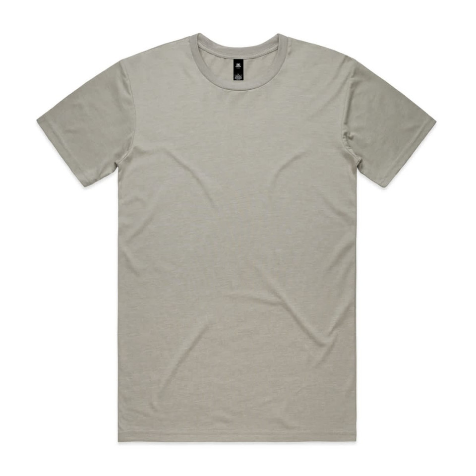 A light grey t-shirt with a crew neck and short sleeves, featuring a plain design and a small logo.