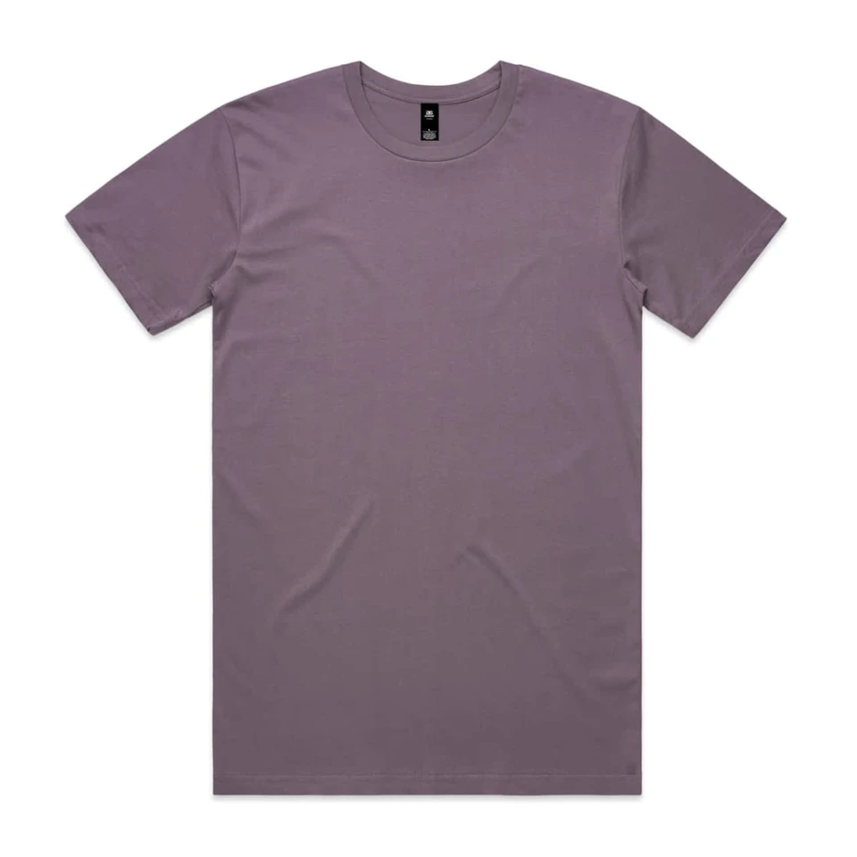 A short-sleeve T-shirt in a muted purple colour, featuring a neck tag and no visible logos.