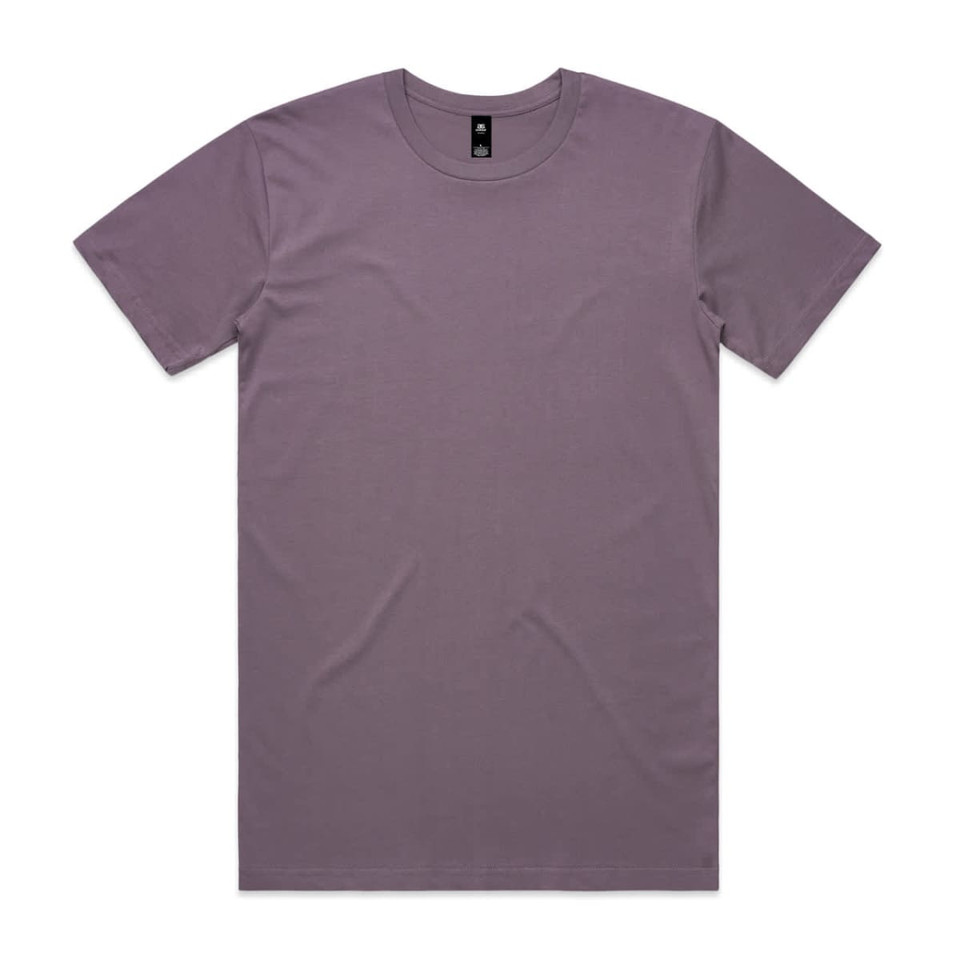 A short-sleeve T-shirt in a muted purple colour, featuring a neck tag and no visible logos.