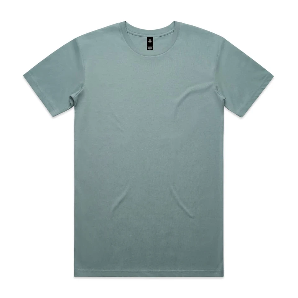 A light blue T-shirt with a crew neckline and a logo on the label. Flat lay design.