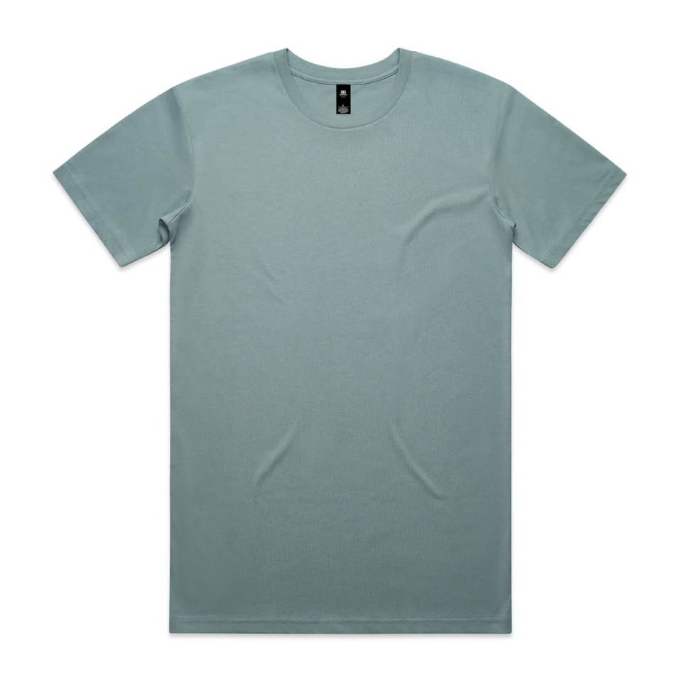 A light blue T-shirt with a crew neckline and a logo on the label. Flat lay design.