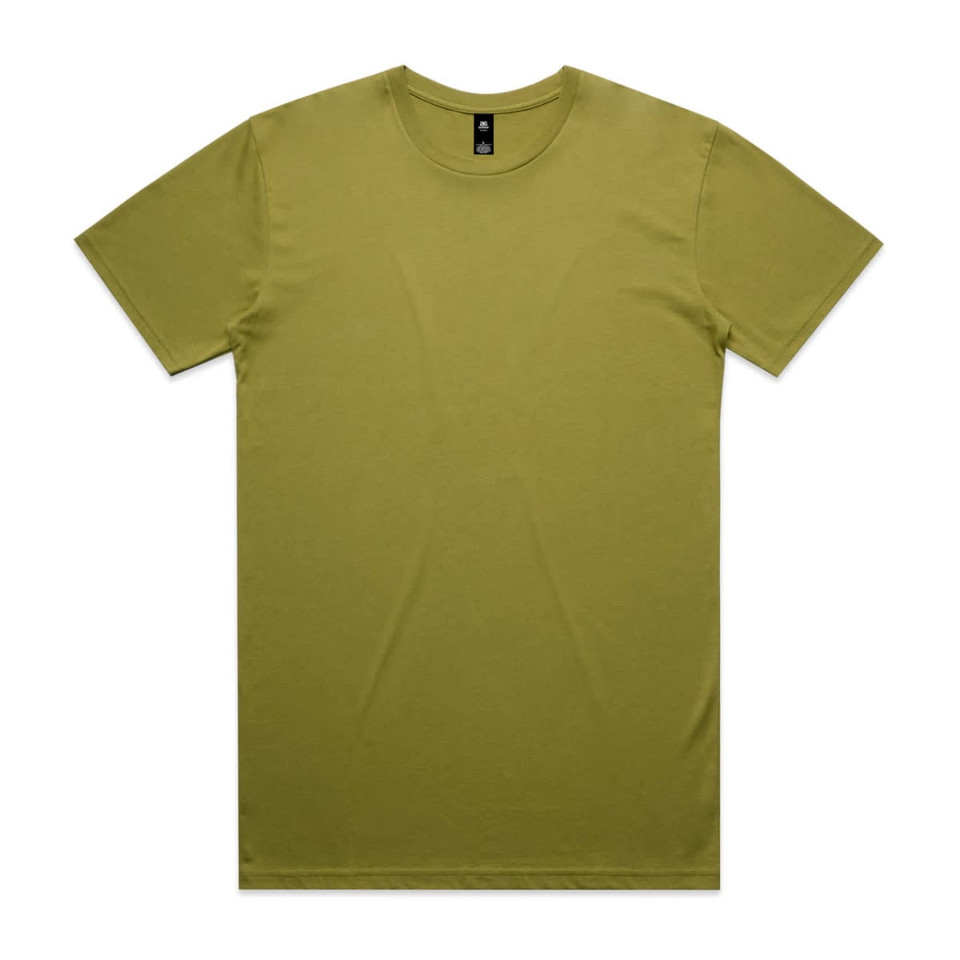 An olive green t-shirt with a round neck and short sleeves, featuring a logo on the label.
