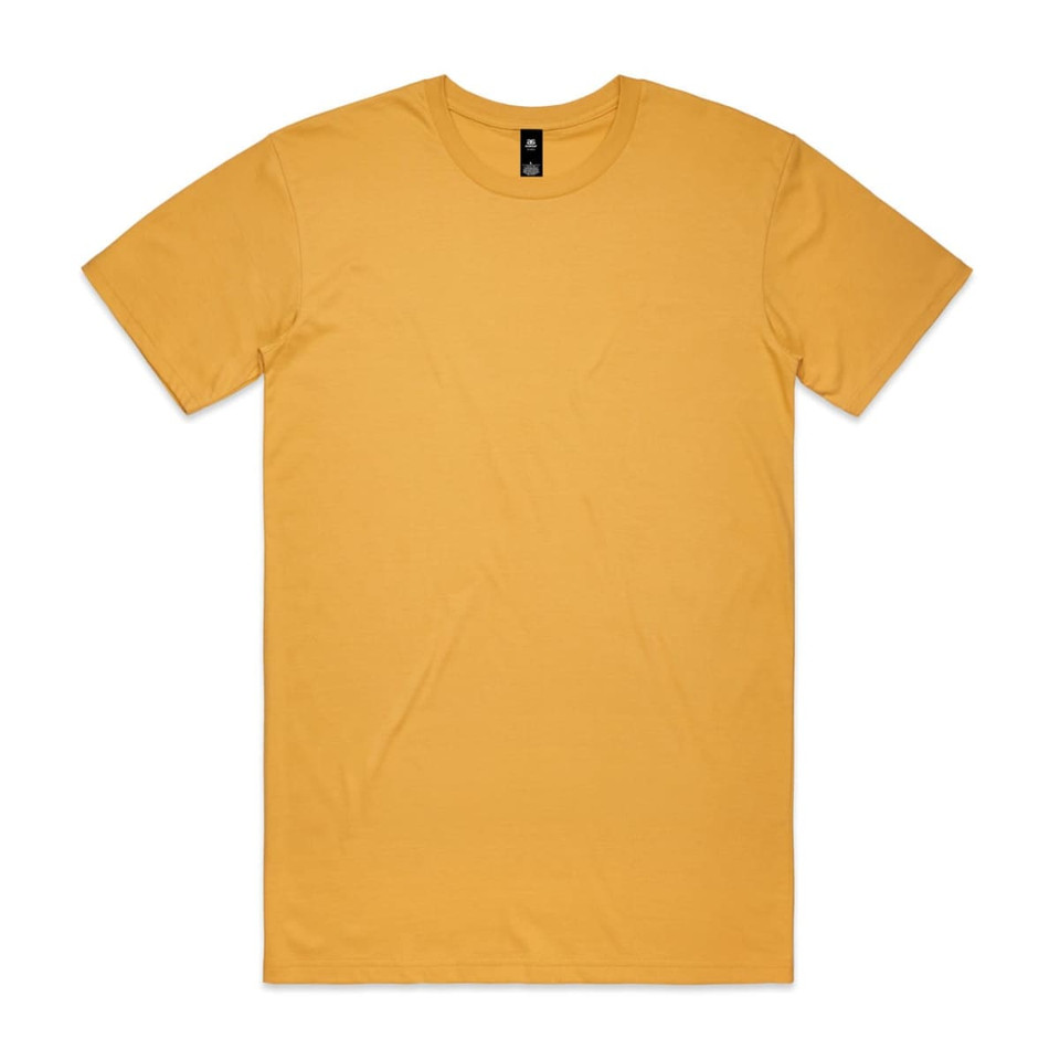 A plain yellow t-shirt with short sleeves and a crew neckline, featuring a logo on the inner label.