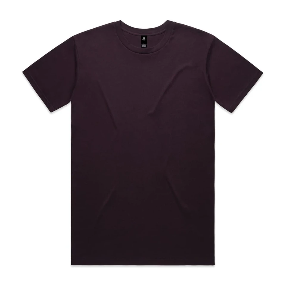 A dark purple T-shirt with a round neck and short sleeves, featuring a logo on the interior label.