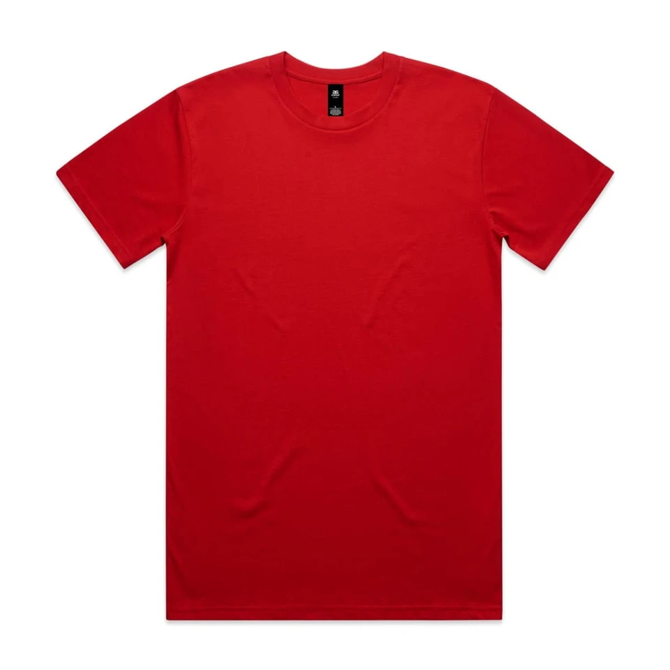 A red t-shirt with a round neck, short sleeves, and a label inside the collar. The shirt has a plain design.