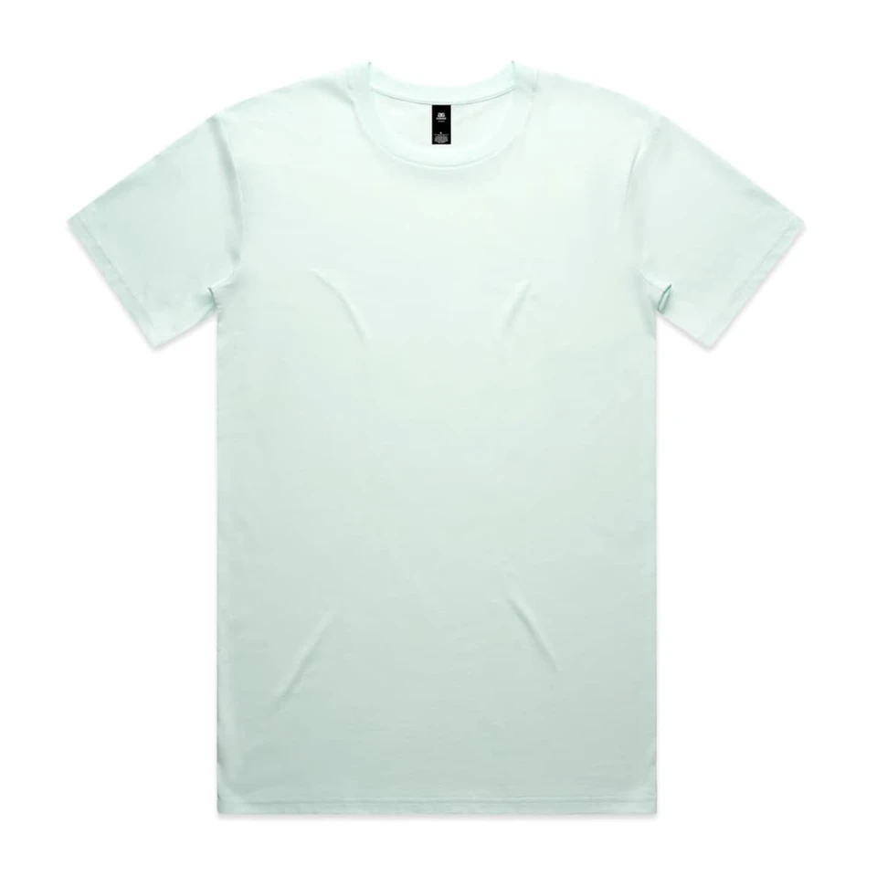 A light mint green t-shirt with a standard crew neck and short sleeves. It features a logo tag at the neckline.