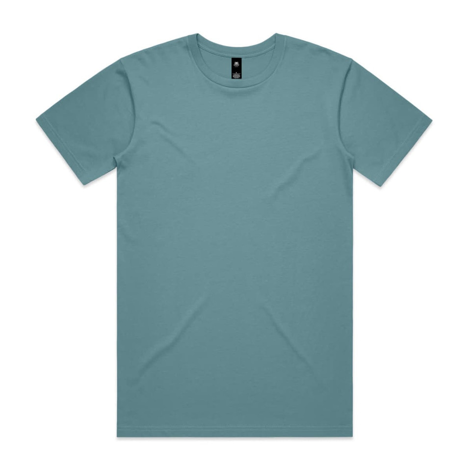A teal T-shirt displayed flat, featuring short sleeves and a simple design. It has a logo on the label.