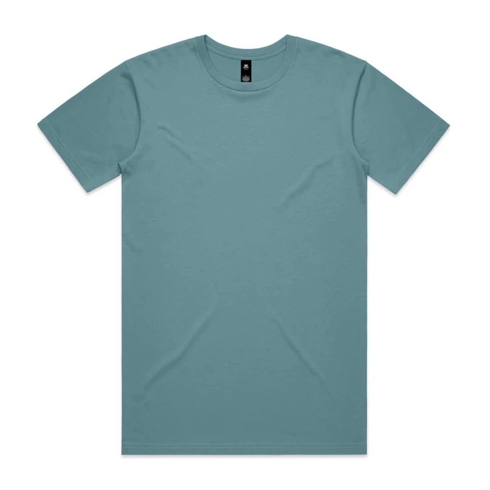 A teal T-shirt displayed flat, featuring short sleeves and a simple design. It has a logo on the label.