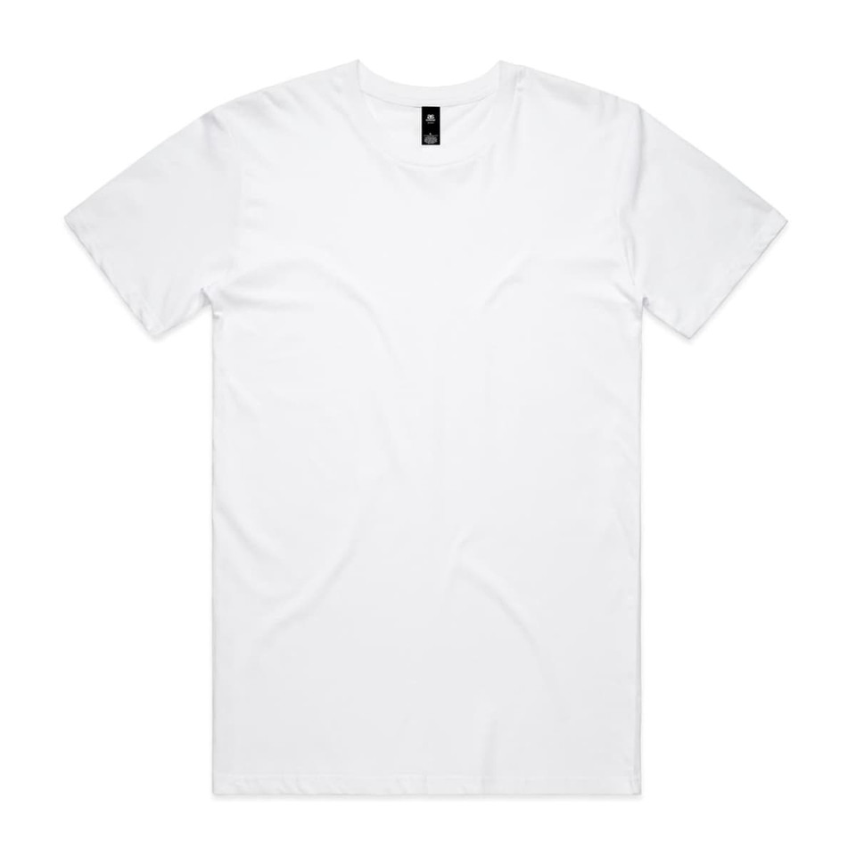 A white T-shirt featuring a simple design and a brand logo at the neckline.