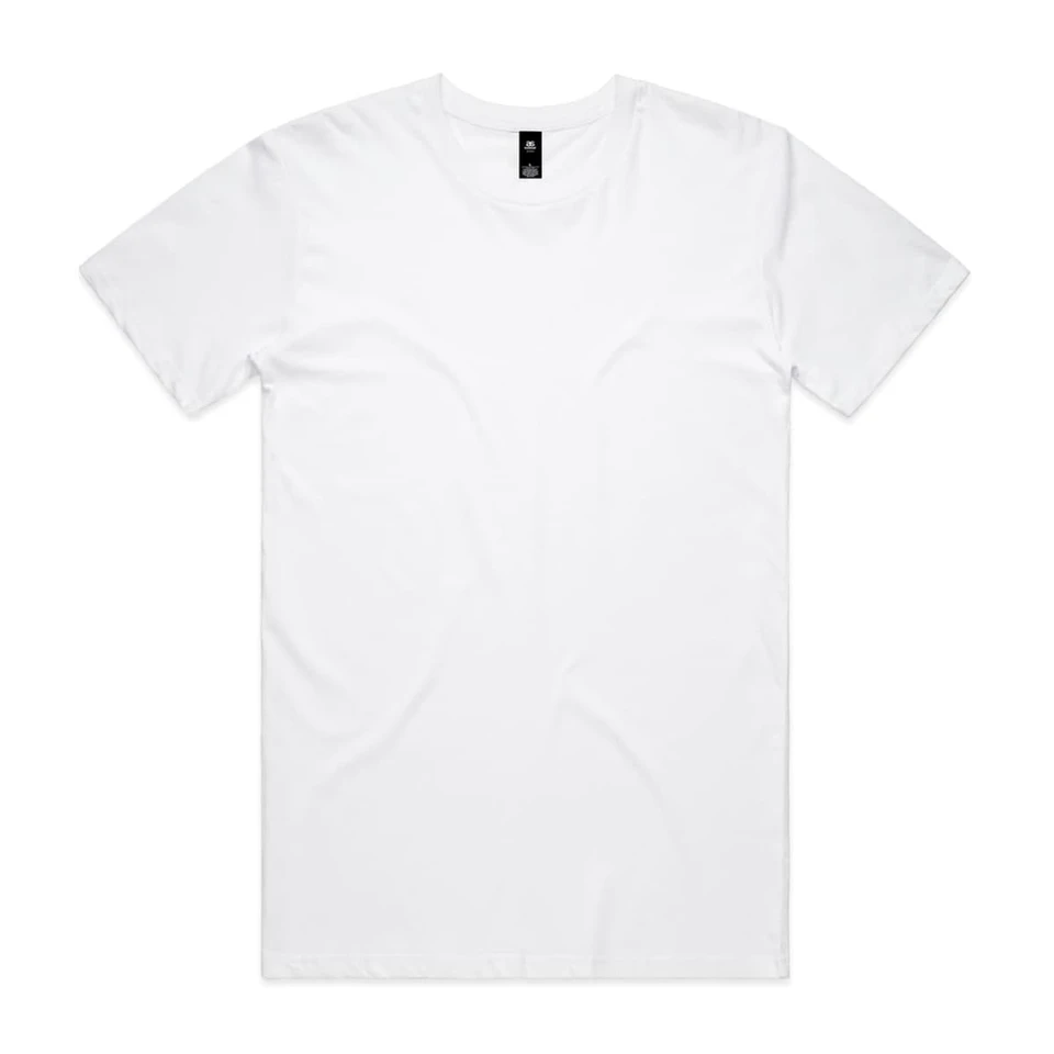 A white T-shirt featuring a simple design and a brand logo at the neckline.