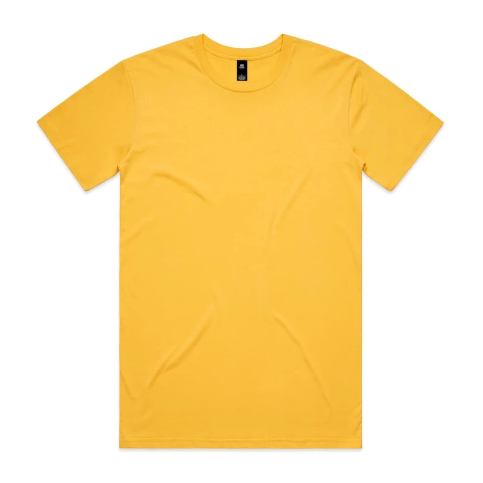 A plain yellow T-shirt with short sleeves and a round neckline, featuring a label in the neck area.
