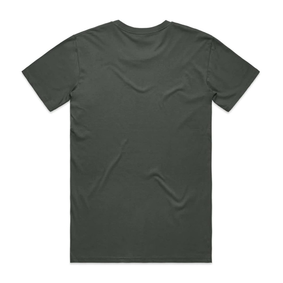 A plain dark green T-shirt with a standard crew neck and short sleeves, featuring a logo on the back.