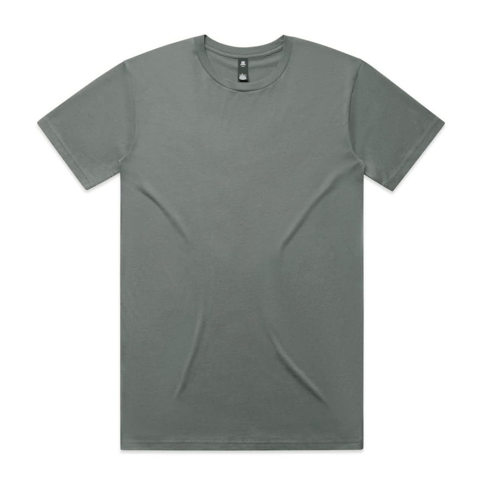 A plain grey T-shirt with short sleeves and a round neckline, featuring a logo at the neck.