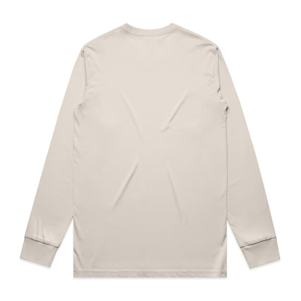 A long-sleeved, cream-coloured t-shirt with a plain back and fitted cuffs. It features a small logo.