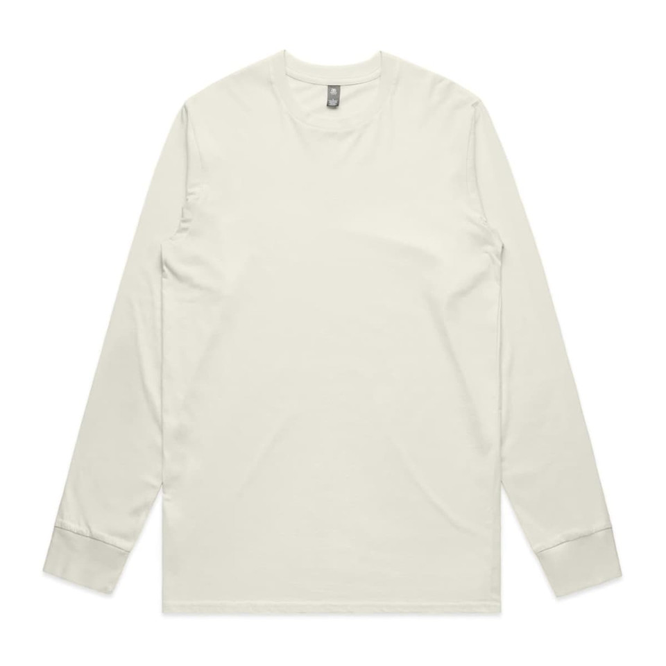 A long sleeve tee in a light cream colour featuring a simple design and a logo.