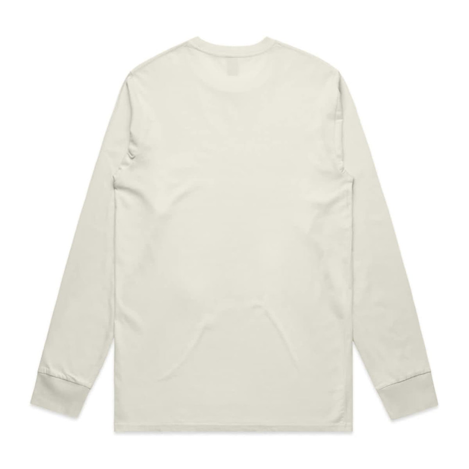 A long-sleeved tee in a light beige colour featuring a back view with no visible designs. The shirt has a logo.