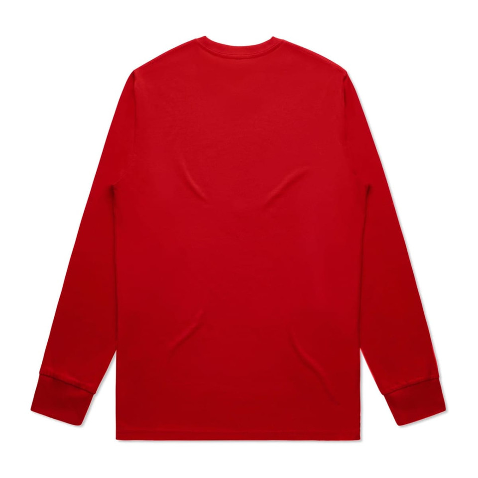 A long-sleeve red T-shirt with a plain back and fitted cuffs, featuring a logo.