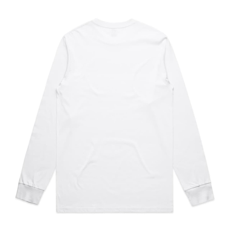 A long-sleeve white tee with a simple design and cuffs in a contrasting colour. It features a logo on the back.