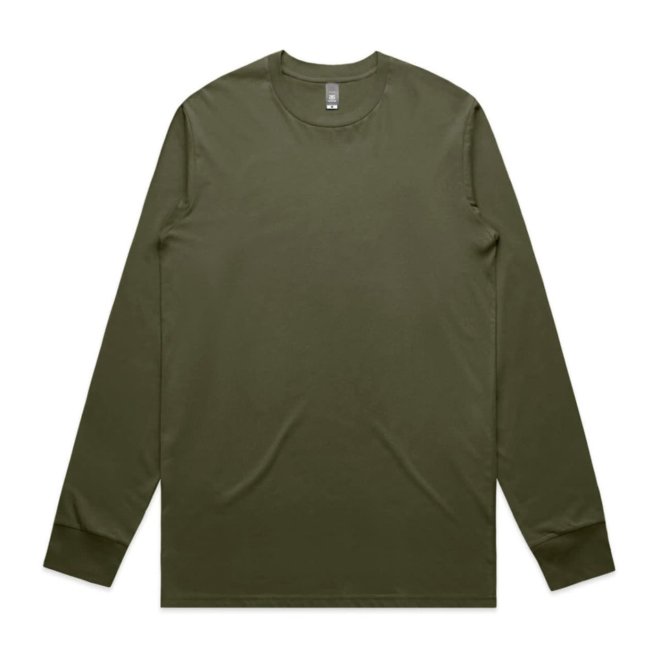 A long sleeve t-shirt in olive green with a crew neckline and branding on the label.