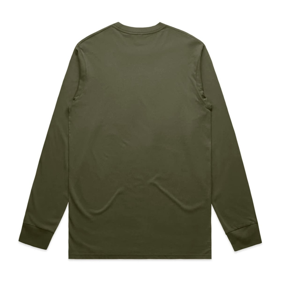 A long-sleeve t-shirt in olive green with a simple design and back view. It features a logo on the back.