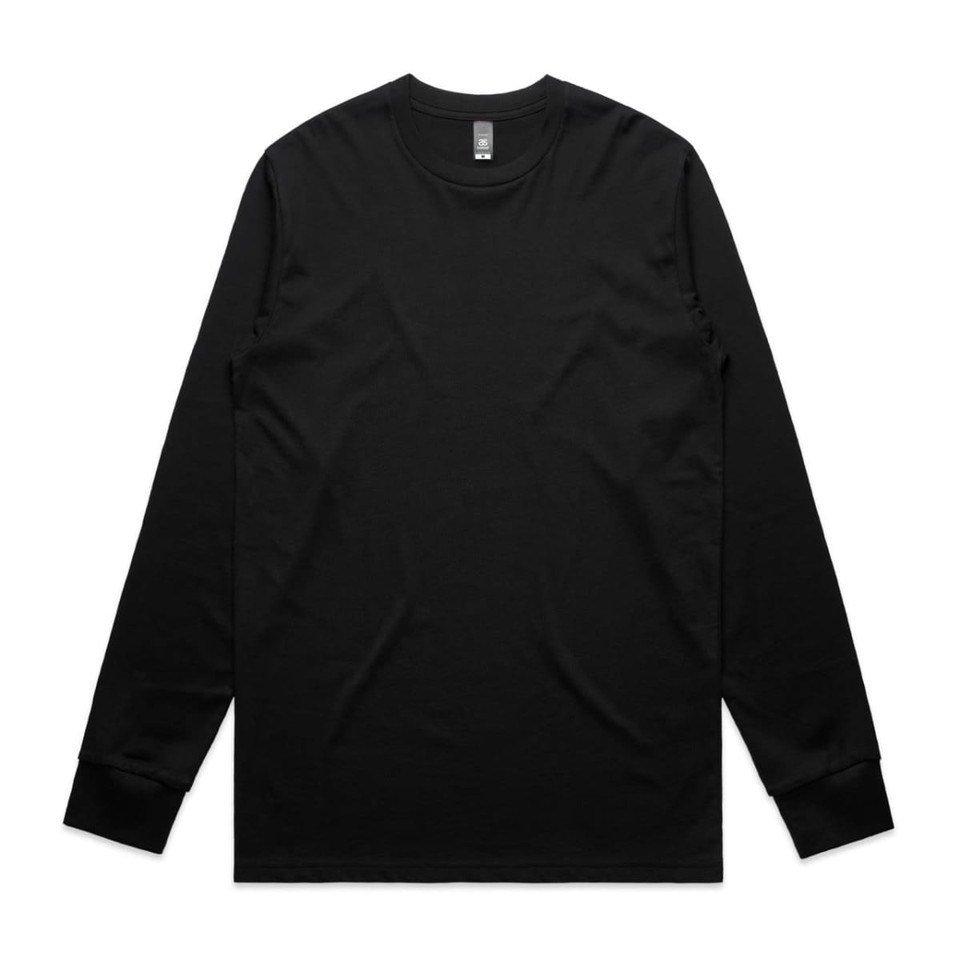 A black long-sleeved t-shirt featuring a simple design and a brand logo.