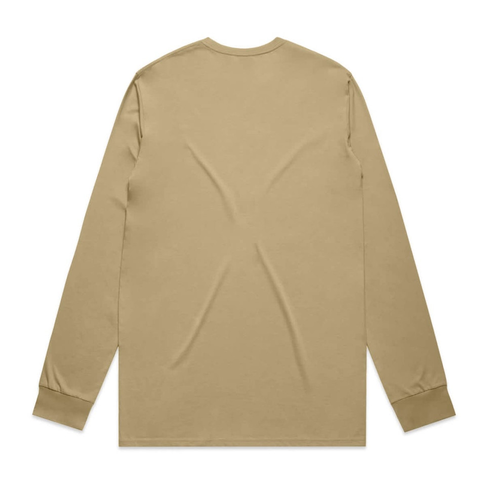 A beige long sleeve t-shirt with a plain back and fitted cuffs, featuring a branding logo.