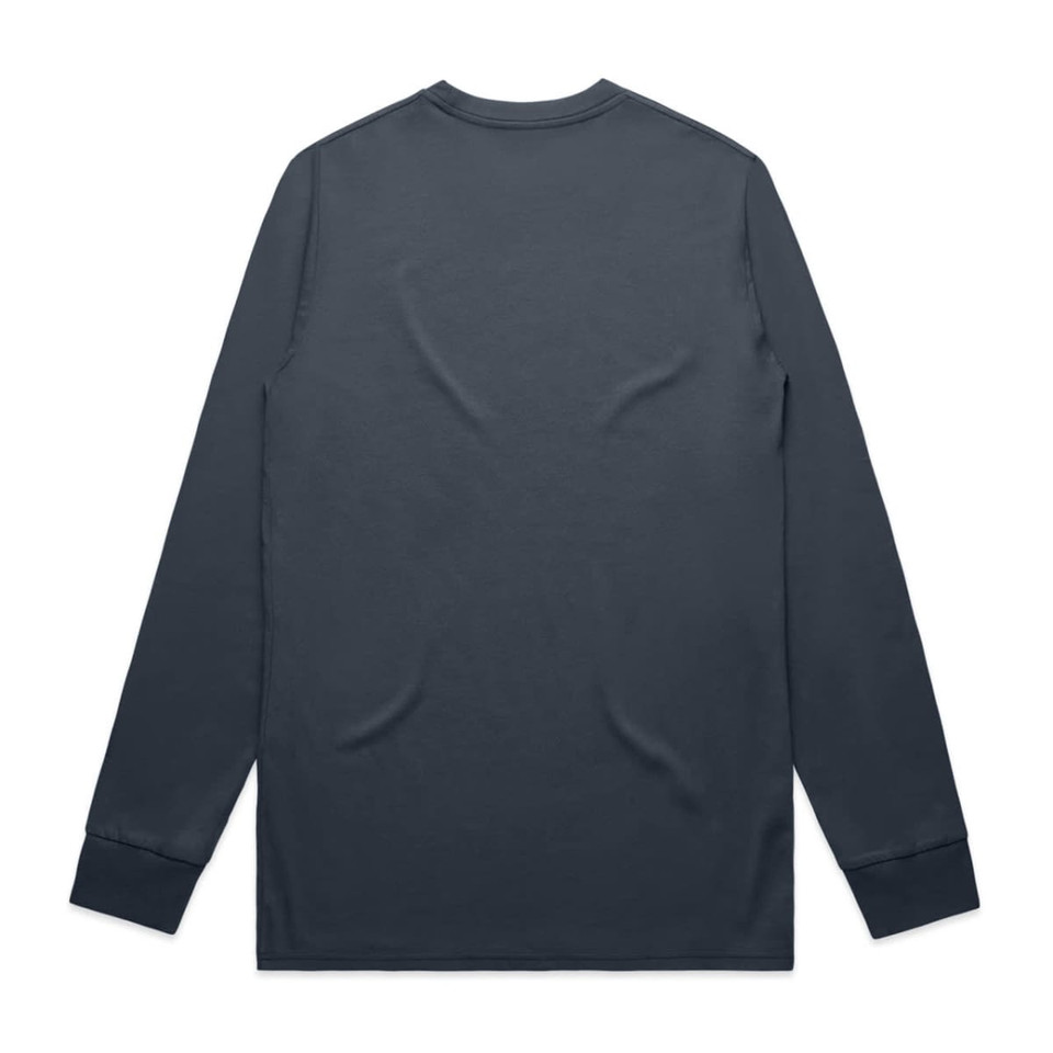 A long-sleeve tee in a dark grey colour, featuring a simple design and a logo on the back.