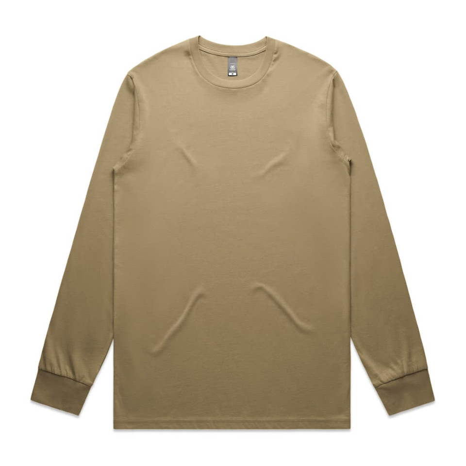 A long-sleeve tee in a tan colour featuring a simple design and a logo on the label.