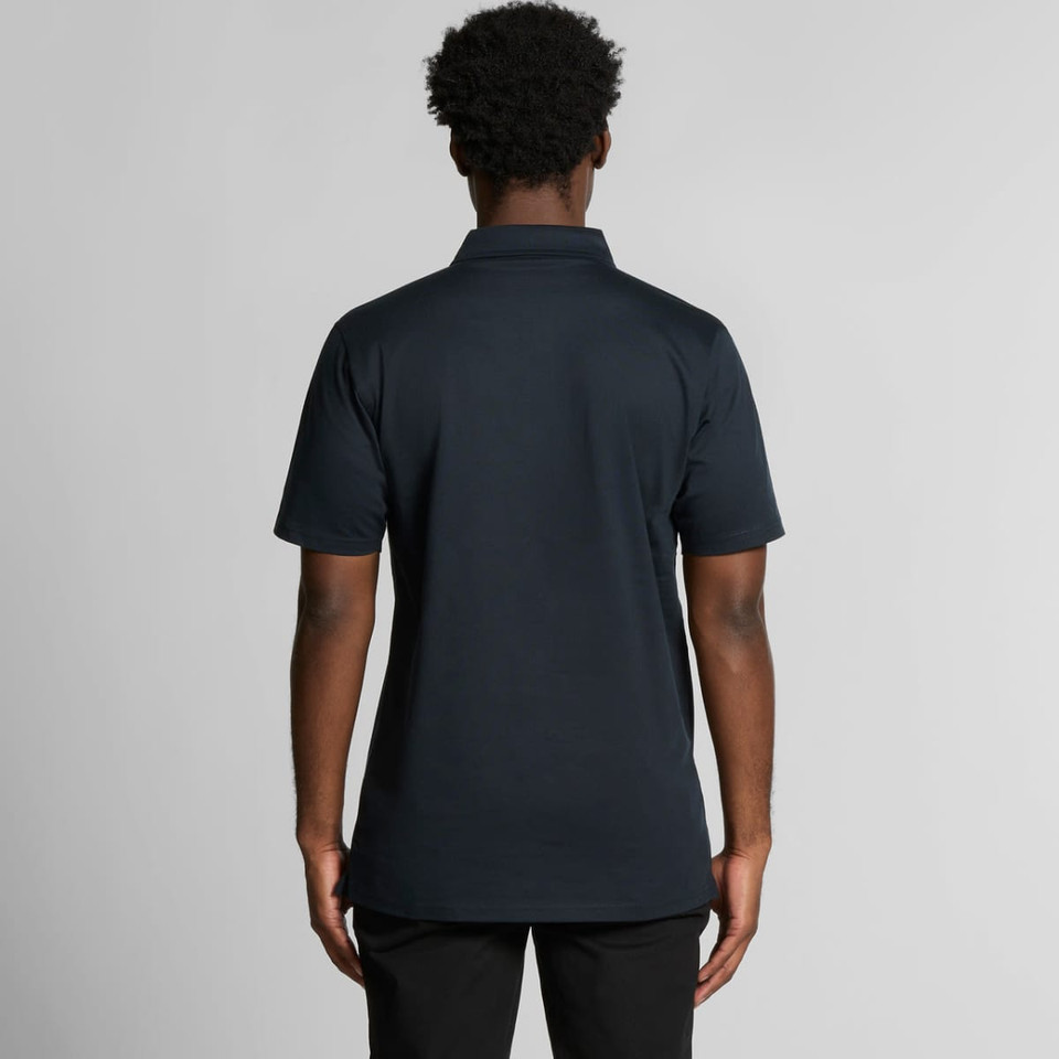 A black polo shirt displayed from the back, featuring a collar and short sleeves, with a logo on the side.
