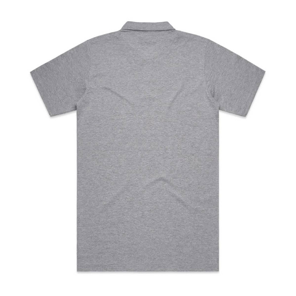 A grey polo shirt featuring a collar and short sleeves, with a logo on the front. The back is plain.