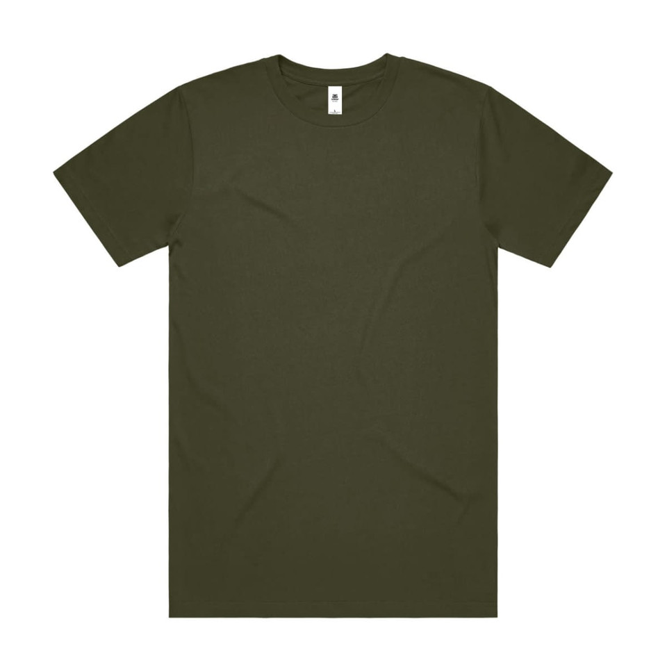 An olive green t-shirt with a crew neck and short sleeves, featuring a logo on the label.