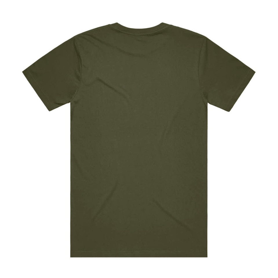 A plain olive green t-shirt featuring a simple back design and a logo on the fabric.
