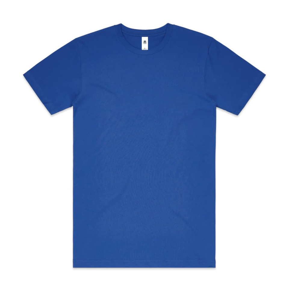 A blue t-shirt with short sleeves, featuring a simple design and a label inside the neck area.