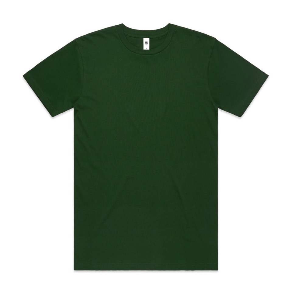 A green t-shirt with a crew neck and short sleeves, featuring a logo tag.