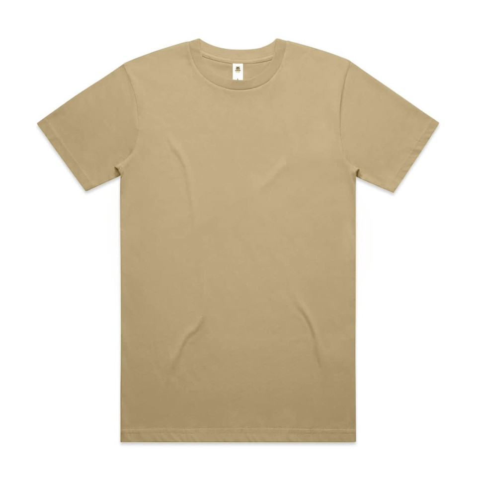 A beige Block Tubular Tee featuring a classic crew neck and short sleeves. The shirt includes a brand logo.