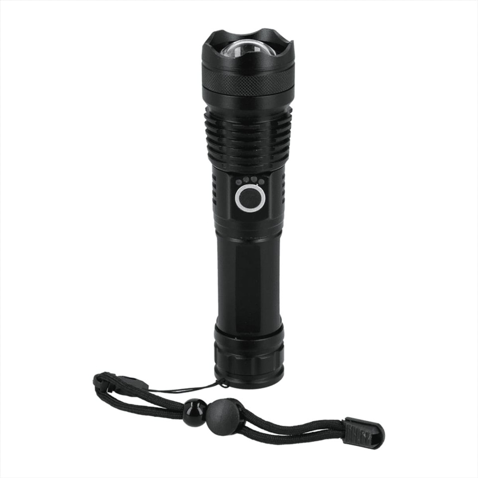 A black LED flashlight with a textured grip and a lanyard, featuring a round button for operation.