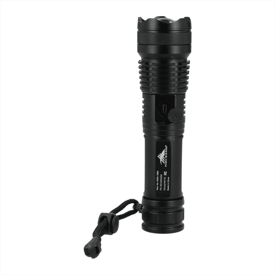 A black LED flashlight with a textured grip and a lanyard attachment, featuring a logo.