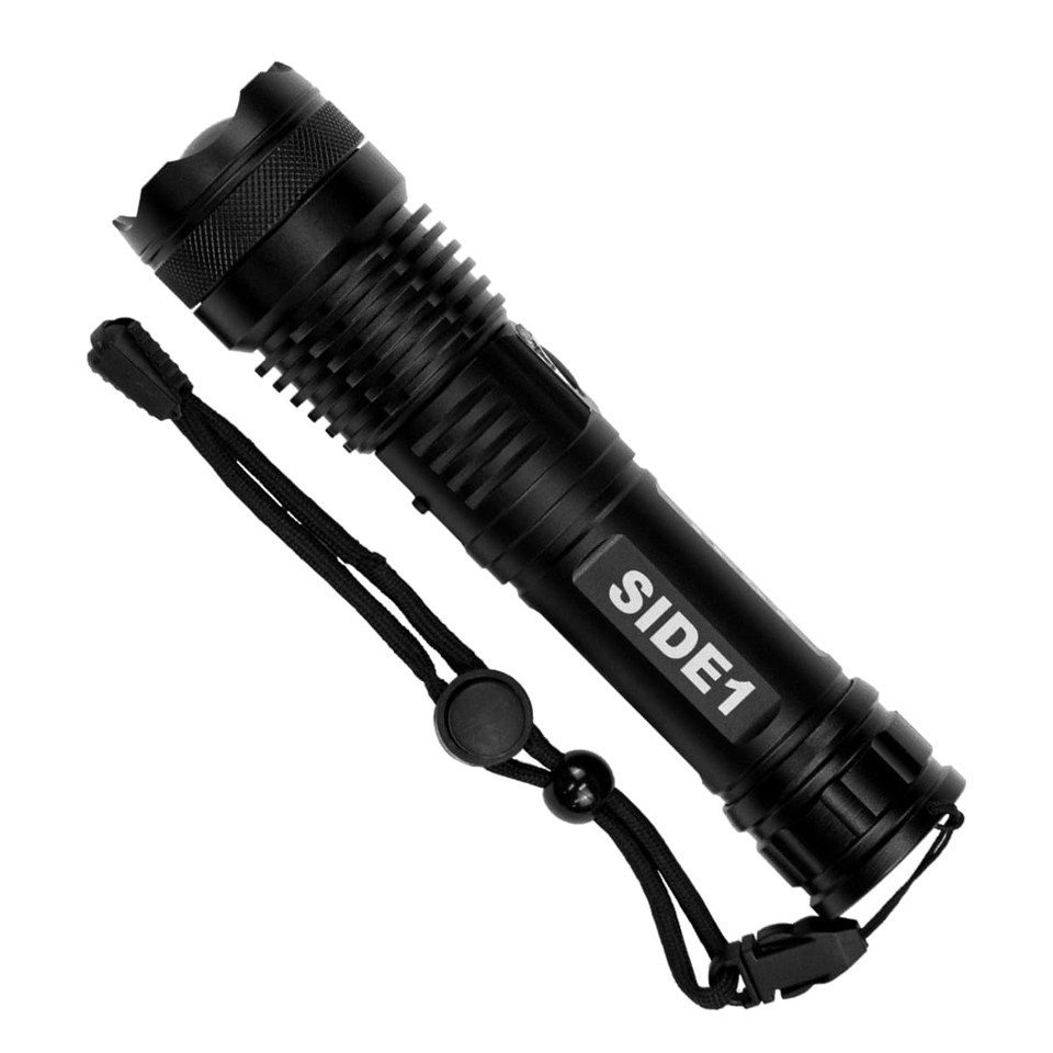 A black LED flashlight featuring a textured grip and attached wrist strap, designed for compact portability.