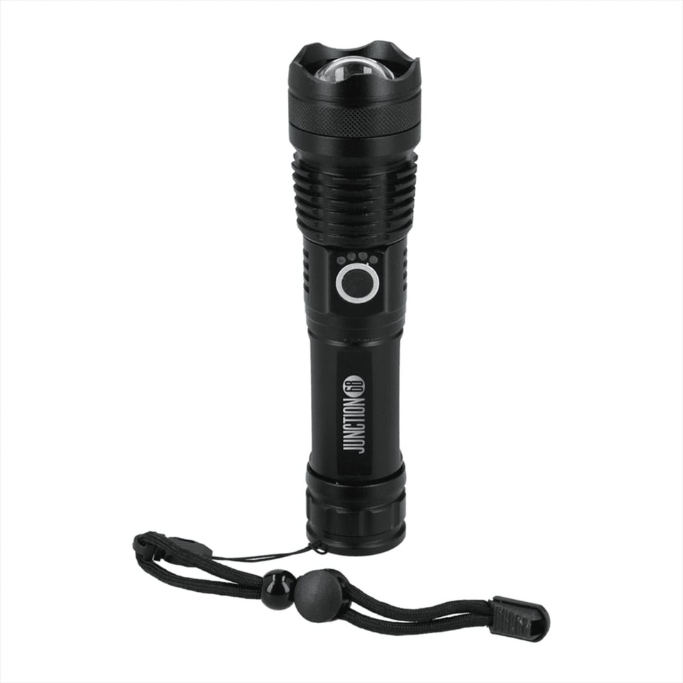 A black LED flashlight with a textured grip and a lanyard attachment, featuring a logo on the side.