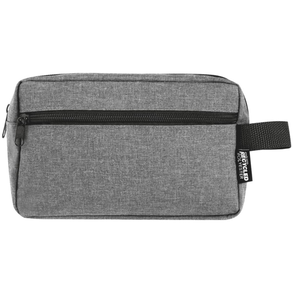 A grey toiletry bag with a zipper and a handle, featuring a small logo on the side.