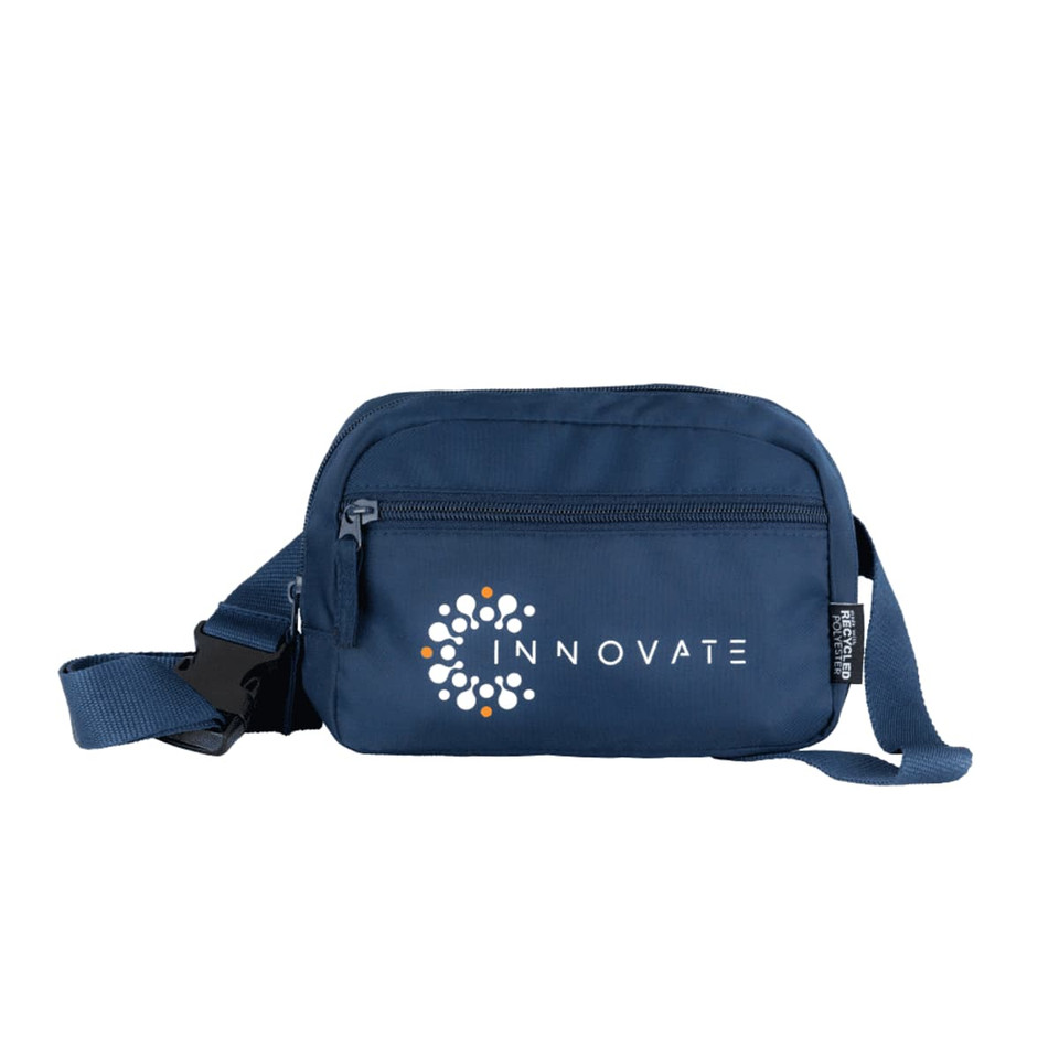 A navy blue recycled sport bum bag with a zippered compartment and an adjustable strap, featuring a logo.