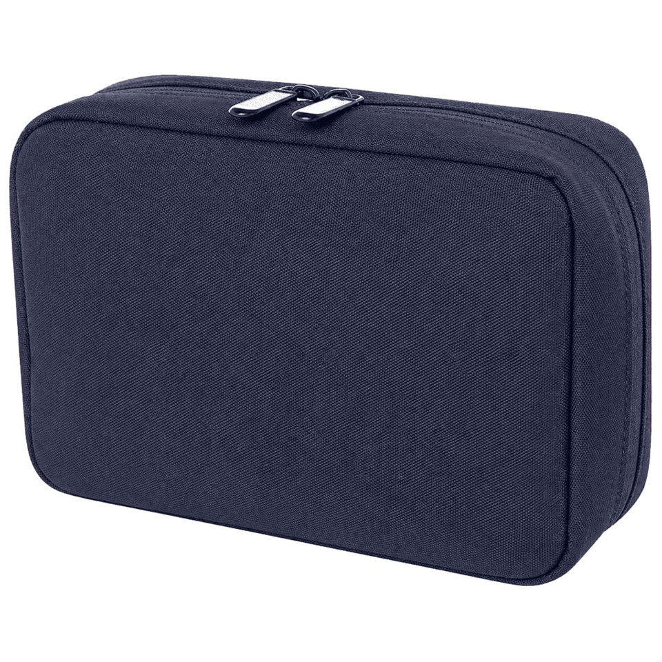 A navy organiser pouch with a zip closure and a simple design, featuring a logo on the front.