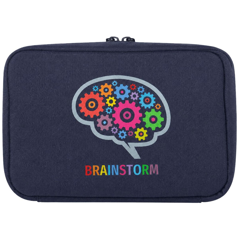 A navy organiser pouch featuring a brain design with colourful gears and a logo at the bottom.