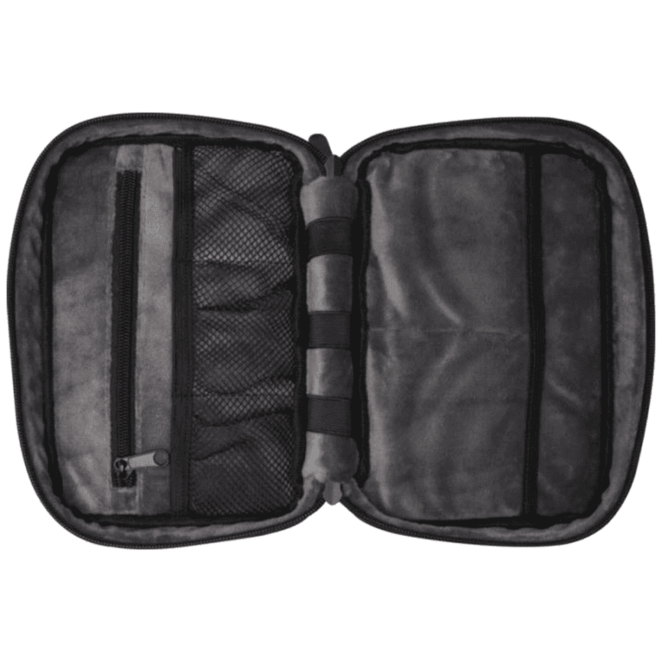 A grey recycled organiser pouch with multiple compartments and a mesh pocket, featuring a branding logo.