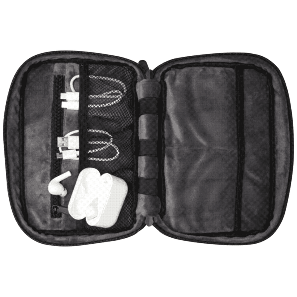 A grey organiser pouch containing charging cables and earbuds, featuring a logo on the exterior.