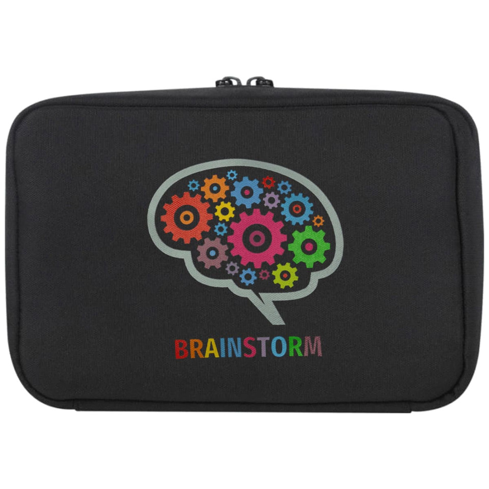 A black organiser pouch featuring a colourful brain graphic composed of gears, with a logo printed below.